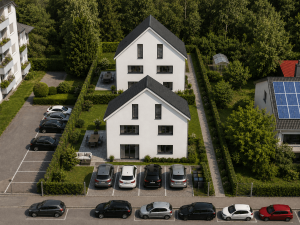 KI generierte Beispiel Visualisierung Bauplanung von 4 Doppelhaushälften